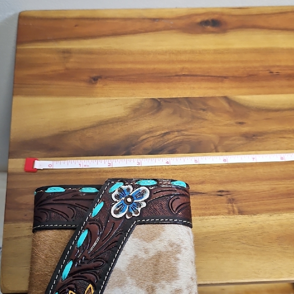 Handmade Western Calf Hair Sunflower Tooled Leather Country Clutch Wallet Bifold - Picture 9 of 10